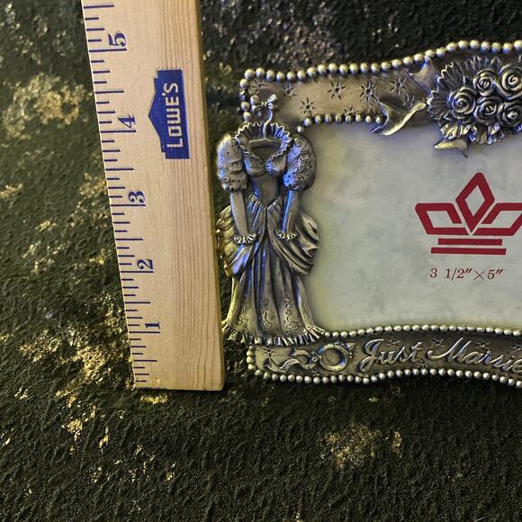 JUST MARRIED Pewter Picture Frame with Dress and Tuxedo Embellishments Wedding - Picture 3 of 7